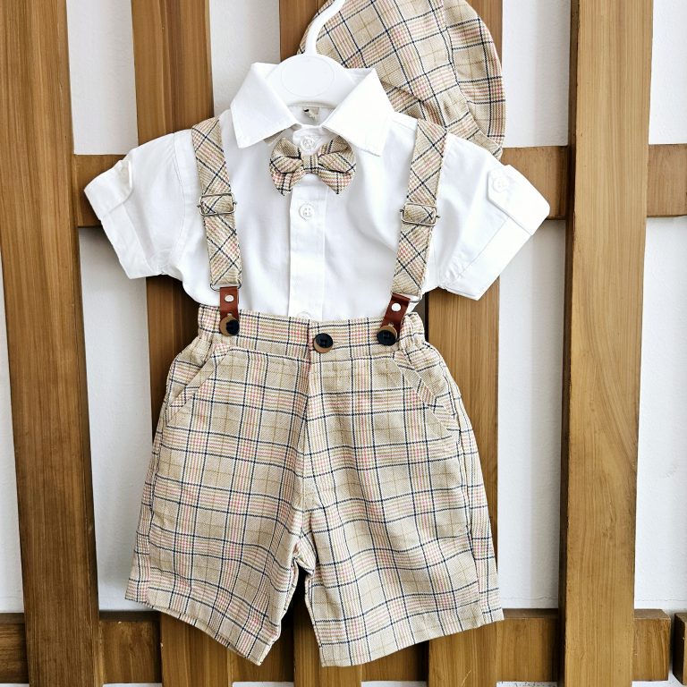 Half Sleeve shirt and Shorts with Suspender/Dungaree-JO612-Beige