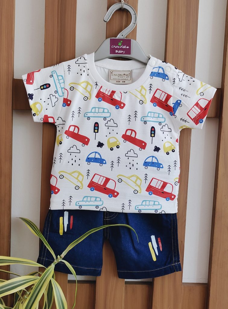 T-shirt and Shorts Set-White and Denim Shorts-Cars