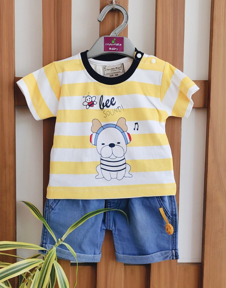 T-shirt and Shorts Set-Yellow and Denim Shorts-Bee Sound