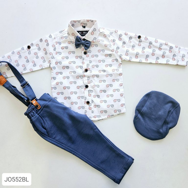 Full Sleeve shirt and Pants with Suspender and Cap-JOBO552-01-White with Blue