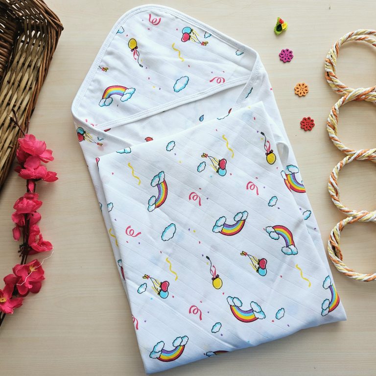 Hooded blanket (wrapper) - Organic muslin cotton reversible -Rainbow and Watermelon- 80x80cms