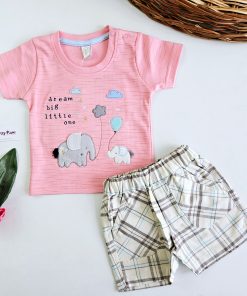 T-shirt and Shorts Set- Elephant with Balloon - UB500 - Pink with Check