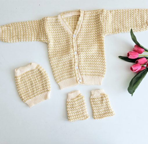 Unisex Baby Sweater (full Sleeves) with Cap and Booties -720- Beige