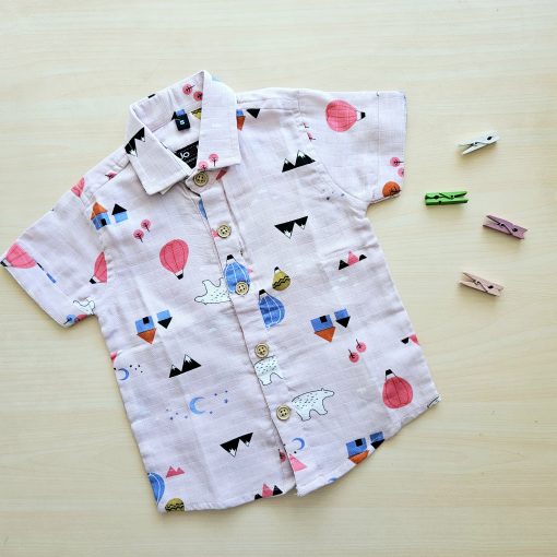 Muslin Cotton Shirt - Hot Air Balloon & leaf - Pink (MCS)