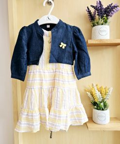 Girls cotton frock - RRFROCK1-Yellow White Strip and Denim Overcoat