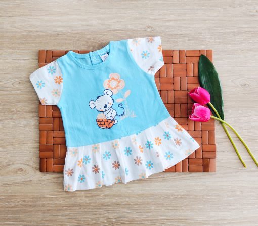 Girls Frock- TNG-616-Floral Bear-Blue