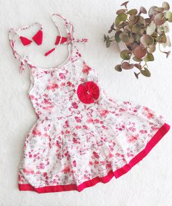 Girls Cotton Frock- LGFK21 - White With Magenta floral