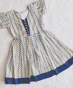 Girls Cotton Frock- LGFK25 - Green and Blue Zigzag