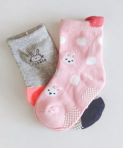 knitted soft socks - Set Of 2 - NRSOCKS9 - Gray and Pink with White Dot