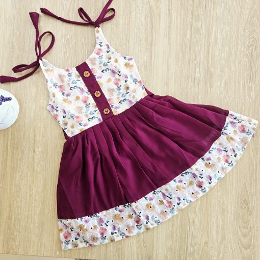 Girls Chiffon Frock- LGFK28- Grape With Floral Print