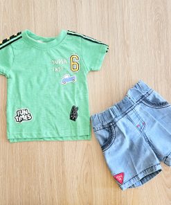 Tshirt and short-Green and denim shorts