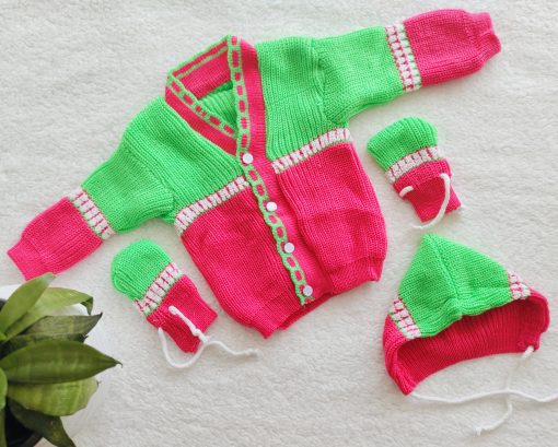 Unisex Baby Sweater (full Sleeves) with Cap and mittens -SW02  Green & Rose