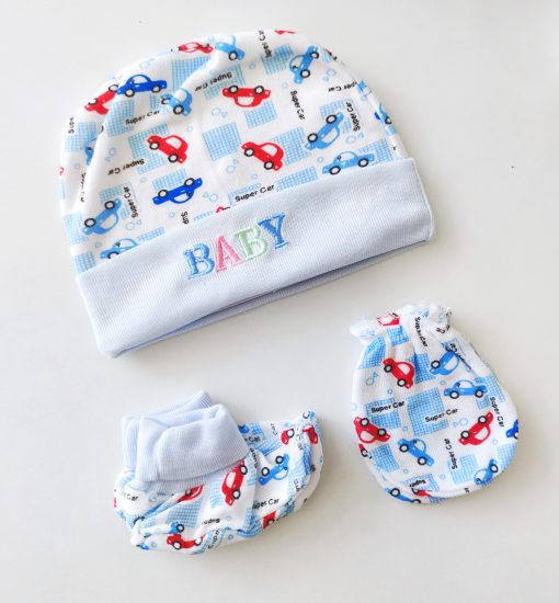 Cap/Mittens/Booties-NRCS03- Blue Super Cars