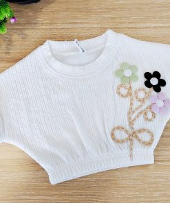 Girls Crop Top - MLCT1 - White with Pink, Green, Black Flowers