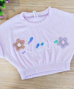 Girls Crop Top - MLCT1 - Purple with Brown and Ash Flowers