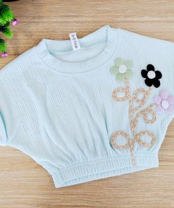 Girls Crop Top - MLCT1 - Pista with  Pink, Green, Black Flowers