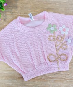 Girls Crop Top -MLCT1- Pink with Green, White, Purple Flowers