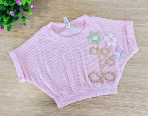 Girls Crop Top -MLCT1- Pink with Green, White, Purple Flowers