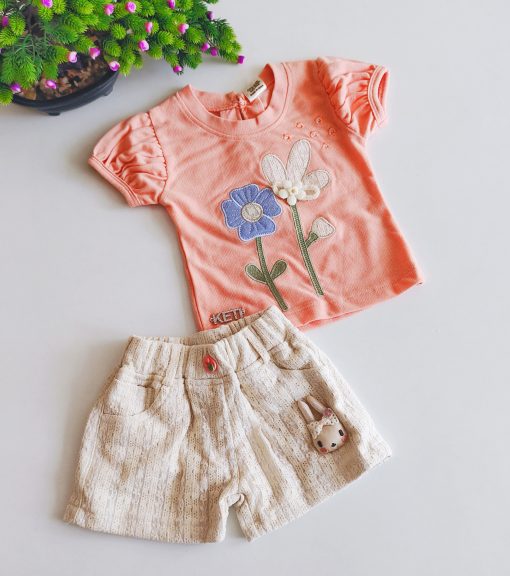 Premium Knitted Cotton Top and Shorts - KM3342 - Peach With Cream Shorts