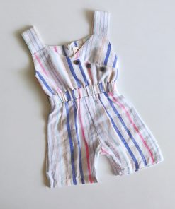 Girls Muslin Jump Suit - LS020A - White With Color Strip