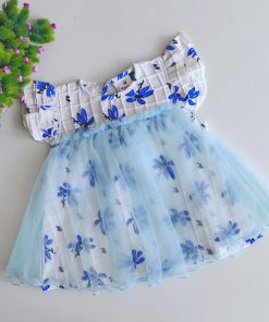 Girls Frock - White With Sky Blue net Floral - FRK