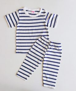 Half Sleeve T-shirt and Pant Set - LTHTP01 - White With Dark Blue Strip