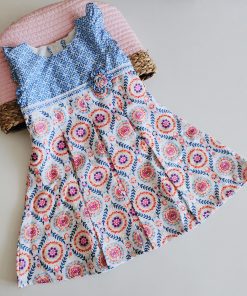 Girls Frock - JLX - Blue with Round Floral Print