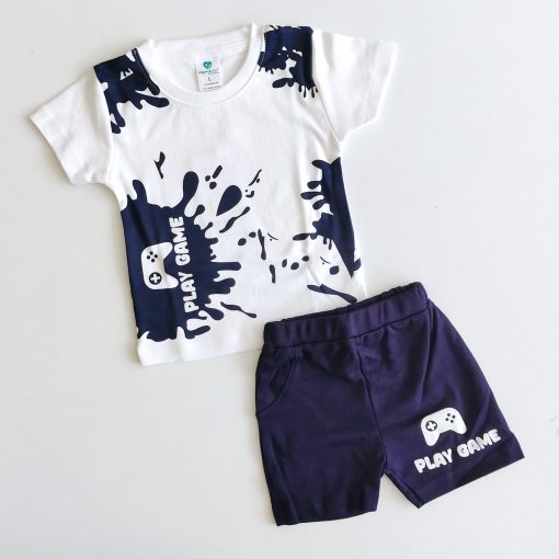 T-shirt and Shorts Set - KEVIN - White With Dark Blue Splash