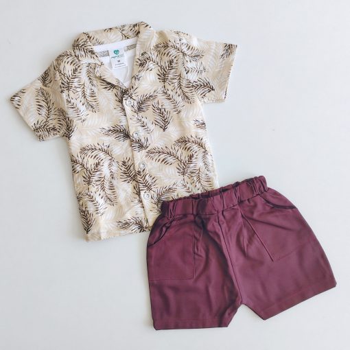 Shirt and Shorts Set - ROHAN- Cream and Maroon - Leaf Print