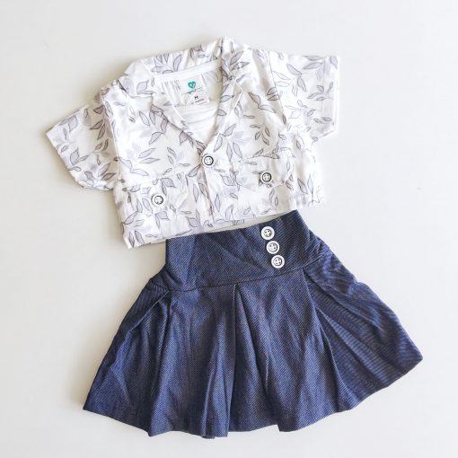 Girls Top and Skirt  - Ash Leaf Print Top Dark Blue Skirt