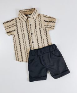 Shirt and Shorts Set - PONIMO - ZIGZAG - Beige With Black Zigzag