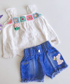Premium Knitted Cotton Top and Denim Shorts - KM3451 - White Hakoba and Shorts