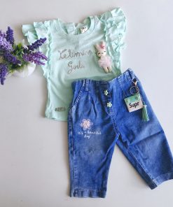 Premium Knitted Cotton Top and Denim Pant - KM3378 - Sky Blue and Blue Denim Shorts