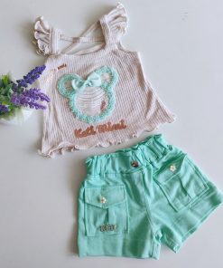 Premium Knitted Cotton Top and Denim Shorts - KM3309 - Cream and Green Shorts