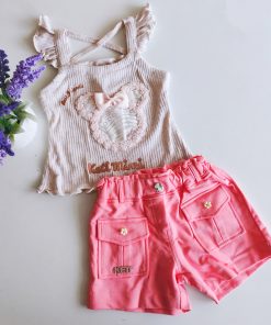Premium Knitted Cotton Top and Denim Shorts - KM3309 - Cream and Peach Shorts