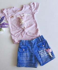 Premium Knitted Cotton Top and Denim Shorts - KM3428 - Purple and Blue Shorts
