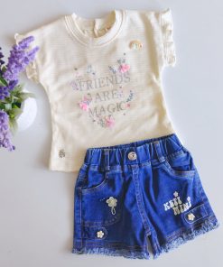 Premium Knitted Cotton Top and Denim Shorts - KM3464 -  Butter and  Blue Denim Shorts