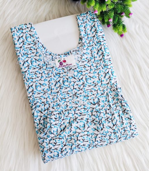 Maternity/ Feeding Nighties - Front Open - PPMFN - White With Flower and Leaf  - Blue