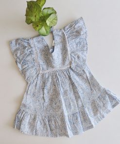 Girls Frock - JFFK2 - Blue With White Leaf