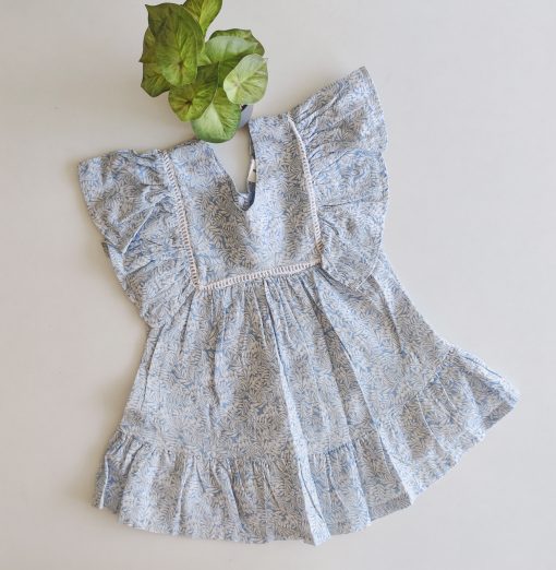 Girls Frock - JFFK2 - Blue With White Leaf