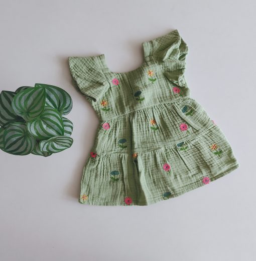 Girls Frock - JFFK3 - Crinkled Cotton Green