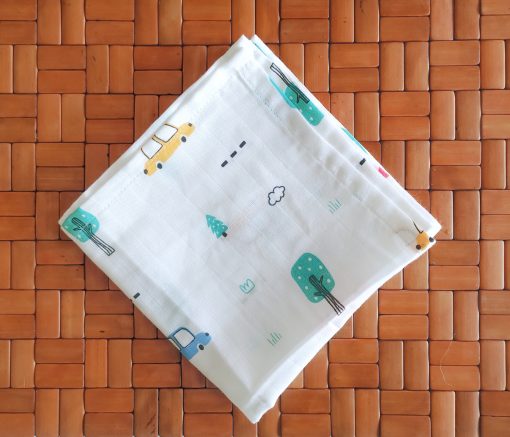 Organic Muslin Cotton Bath Towel - FIBT - 70x70cms - Color Car and Tree