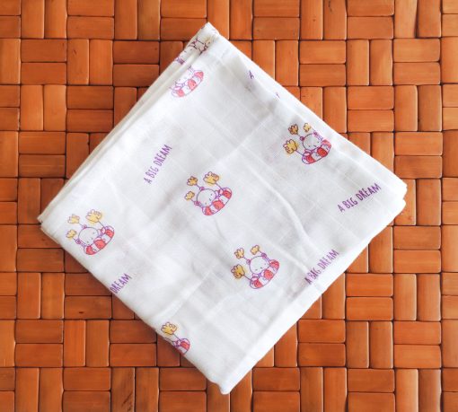 Organic Muslin Cotton Bath Towel - FIBT - 70x70cms - Purple Teddy With Yellow Flower