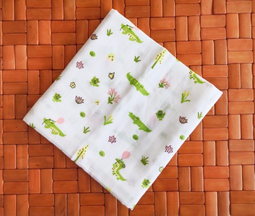 Organic Muslin Cotton Bath Towel - FIBT - 70x70cms - Green Crocodile