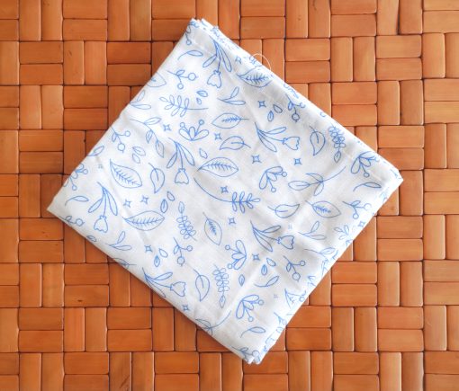 Organic Muslin Cotton Bath Towel - FIBT - 70x70cms - Blue Leaf and Flower