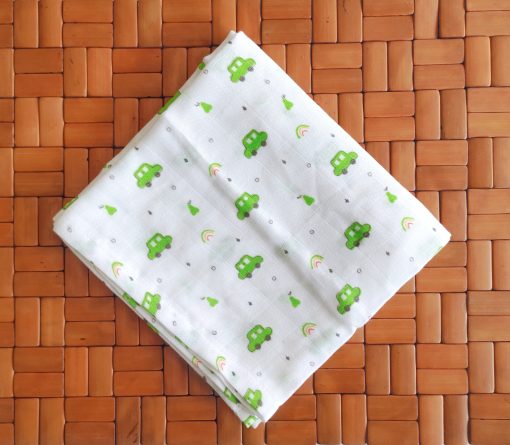 Organic Muslin Cotton Bath Towel - FIBT - 70x70cms - Green Car