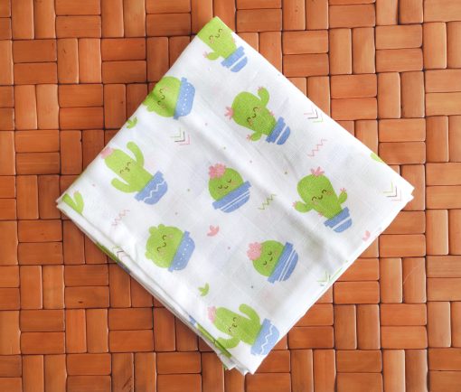 Organic Muslin Cotton Bath Towel - FIBT - 70x70cms - Green Cactus