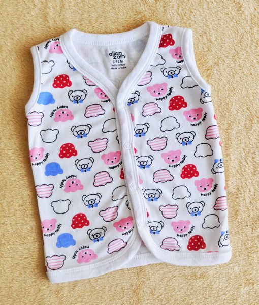 Sleeveless Jhabla Front Button - AZJH - White with Happy Teddy