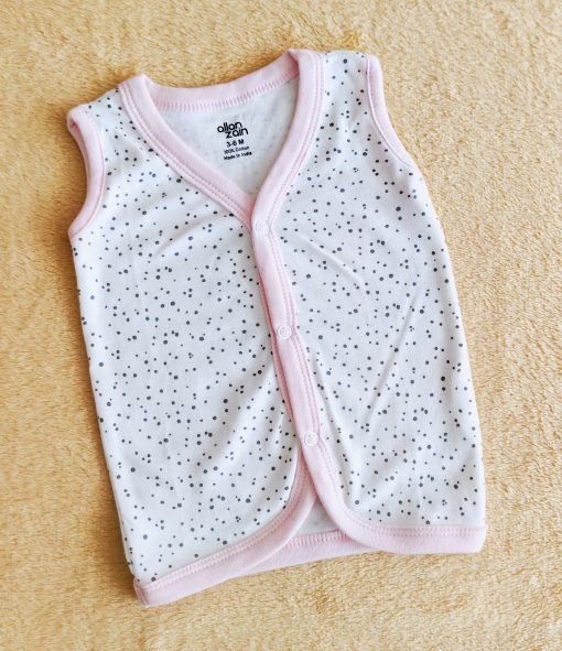 Sleeveless Jhabla Front Button - AZJH - White and Pink Border with Black Dot