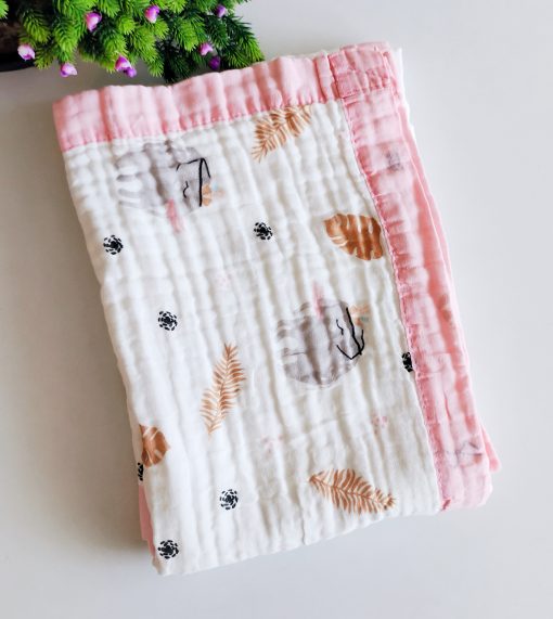 Muslin crinkled blanket - NRCRBL - Pink Border with Flamingo and Elephant  - 100cm x 100cm